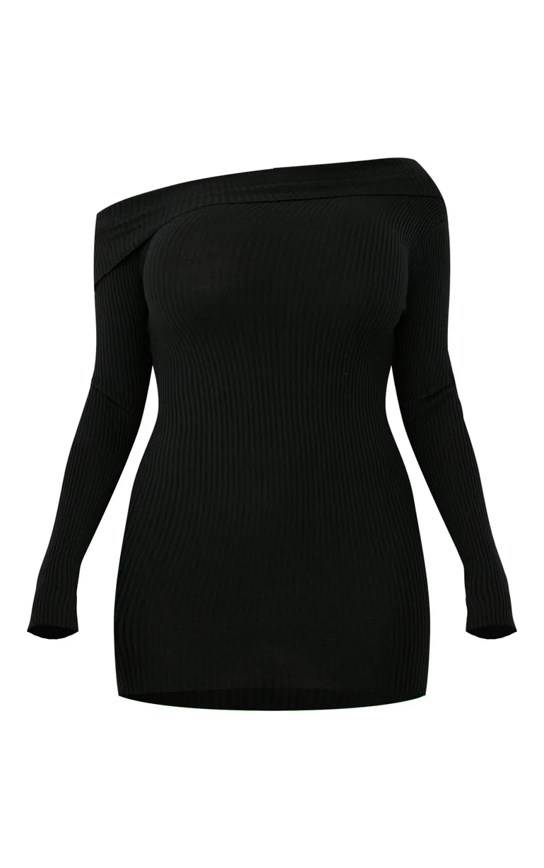 black off shoulder rib knitted midaxi dress boohoo Women's Plus Chunky Rib Soft Knitted Midaxi Dress in Black