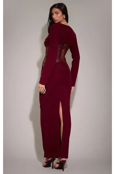 فستان ماكسي دانتيل بفتحات لون أحمر