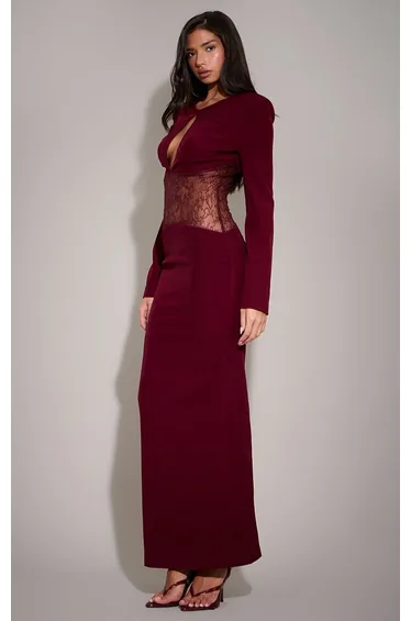 فستان ماكسي دانتيل بفتحات لون أحمر