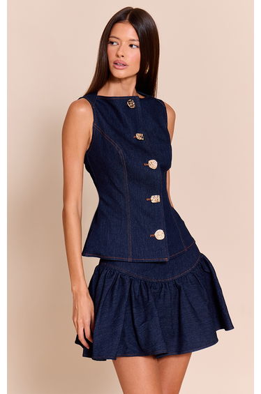 Indigo Blue Chambray Denim Pleated Mini Skirt