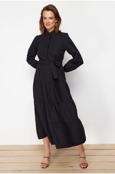 Black Belted Grand Collar Button Detailed Woven Dress