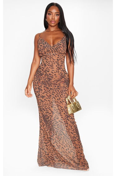 Shape Brown Leopard Print Strappy Cowl Neck Maxi Dress