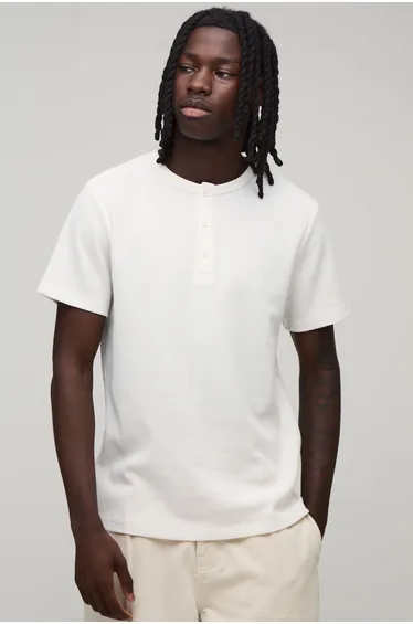 Slim Fit Waffle Henley T-Shirt - ecru