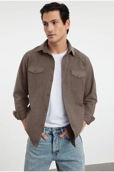 Light Brown Regular Fit Pocketed Flannel Winter Shirt