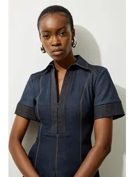 Petite Tailored Denim Full Skirted Midi Shirt Dress - 1