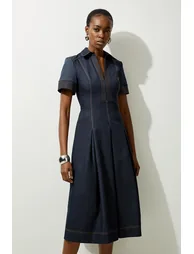 Petite Tailored Denim Full Skirted Midi Shirt Dress