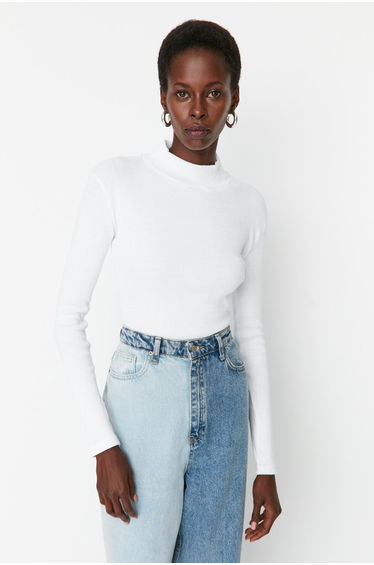 White Fitted/Sleeveless High Neck Long Sleeve Ribbed Elastic Knitted Blouse