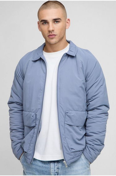 Regular Fit Crinkle Peached Nylon Pocket Harrington Jacket - slate blue