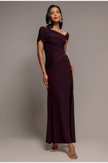 Asymmetric Neck Gathered Waist Maxi Dress - Burgundy by Goddiva