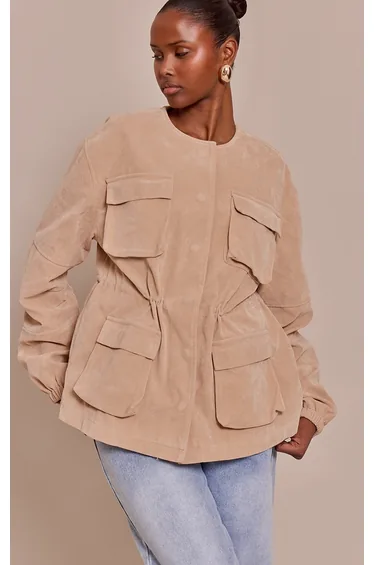 Sand Structured Faux Suede Pocket Detail Adjustable Waist Jacket