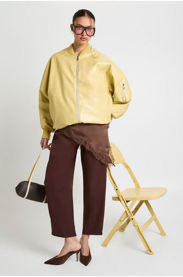 Patent Faux Leather Oversized Bomber Jacket - yellow