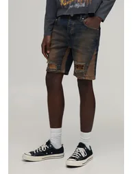 Crease Wash Ripped Knee Gusset Skinny Denim Shorts - dark wash - 1