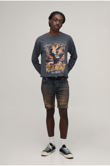 Crease Wash Ripped Knee Gusset Skinny Denim Shorts - dark wash