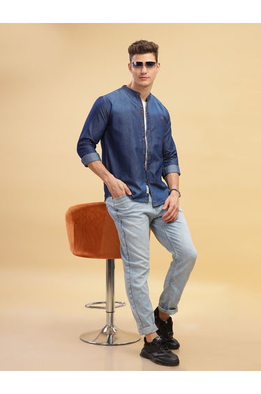 Men Blue Denim Mandarin Collar Shirt