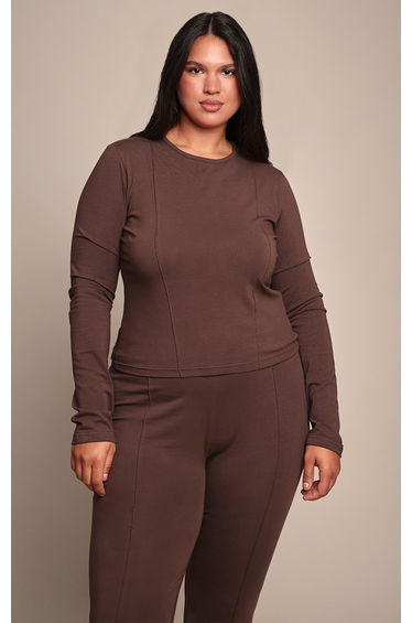 Plus Chocolate Cotton Seam Detail Long Sleeve Top