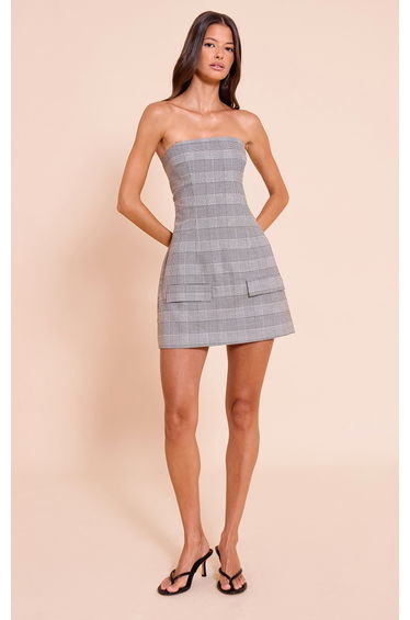 Charcoal Check Tailored Bandeau Bodycon Dress