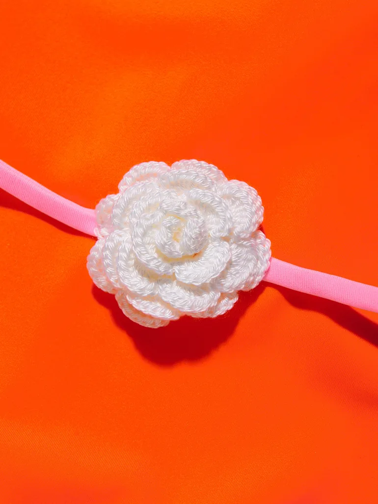 Girls Ruffled Crochet Flower Pina Swimsuit in Orange - 3