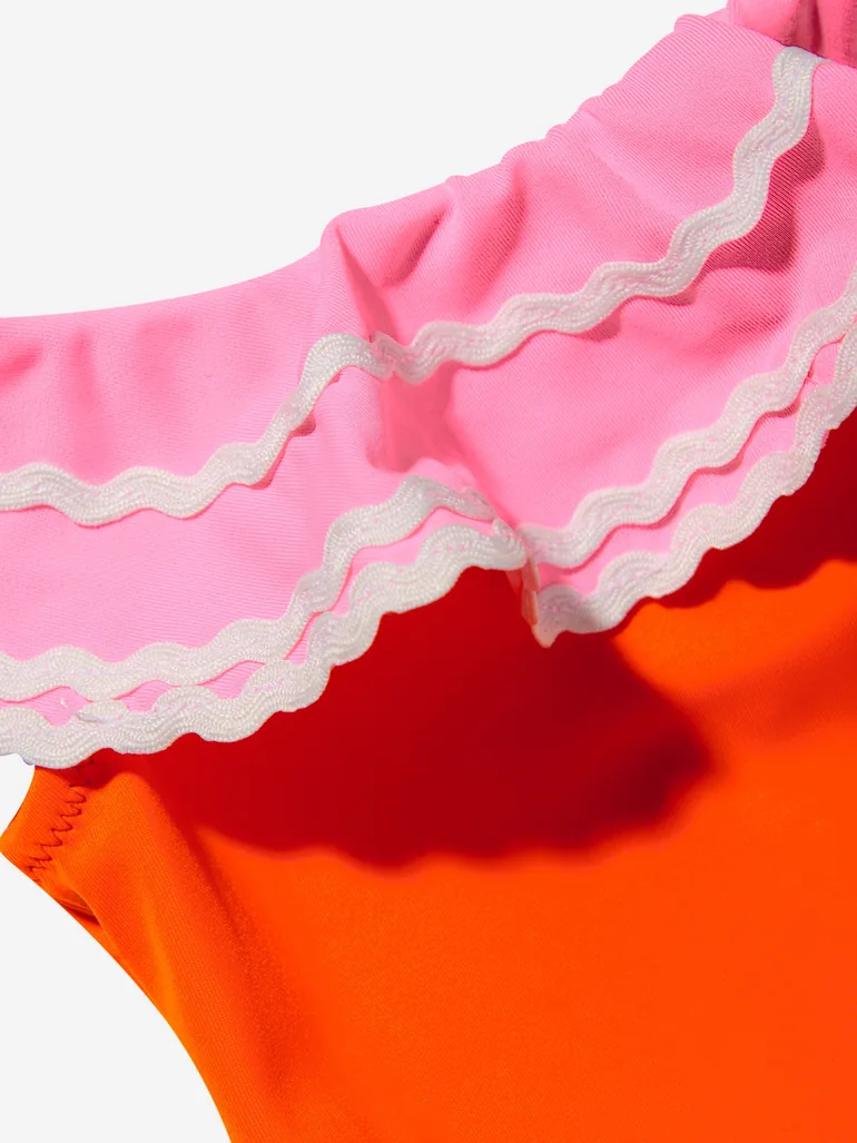 Girls Ruffled Crochet Flower Pina Swimsuit in Orange - 4