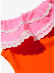 Girls Ruffled Crochet Flower Pina Swimsuit in Orange - 4