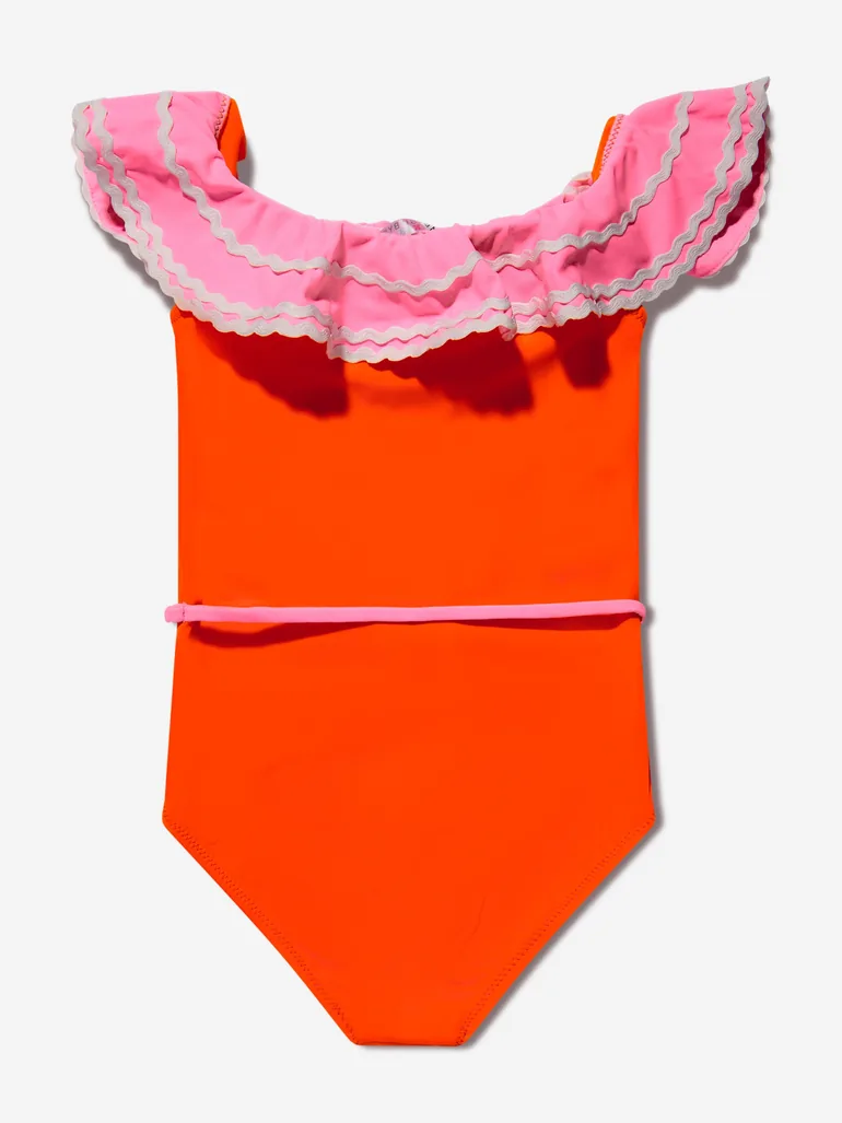 Girls Ruffled Crochet Flower Pina Swimsuit in Orange - 2