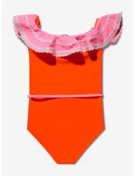 Girls Ruffled Crochet Flower Pina Swimsuit in Orange - 2