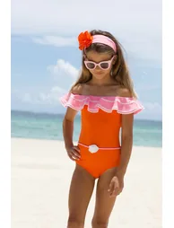 Girls Ruffled Crochet Flower Pina Swimsuit in Orange