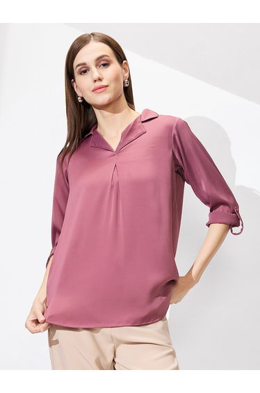 Women Pink Roll Up Sleeves Solid Satin Top