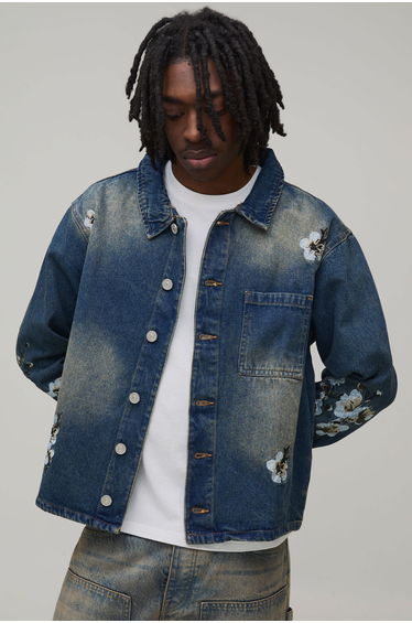 Boxy Fit Floral Embroidered Denim Overshirt - blue