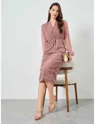 Women Pink Plisse V Neck Midi Dress - 1