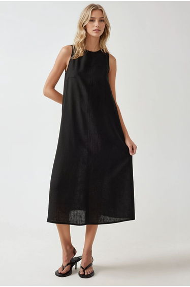 Linen Feel Sleeveless Crew Neck Dress