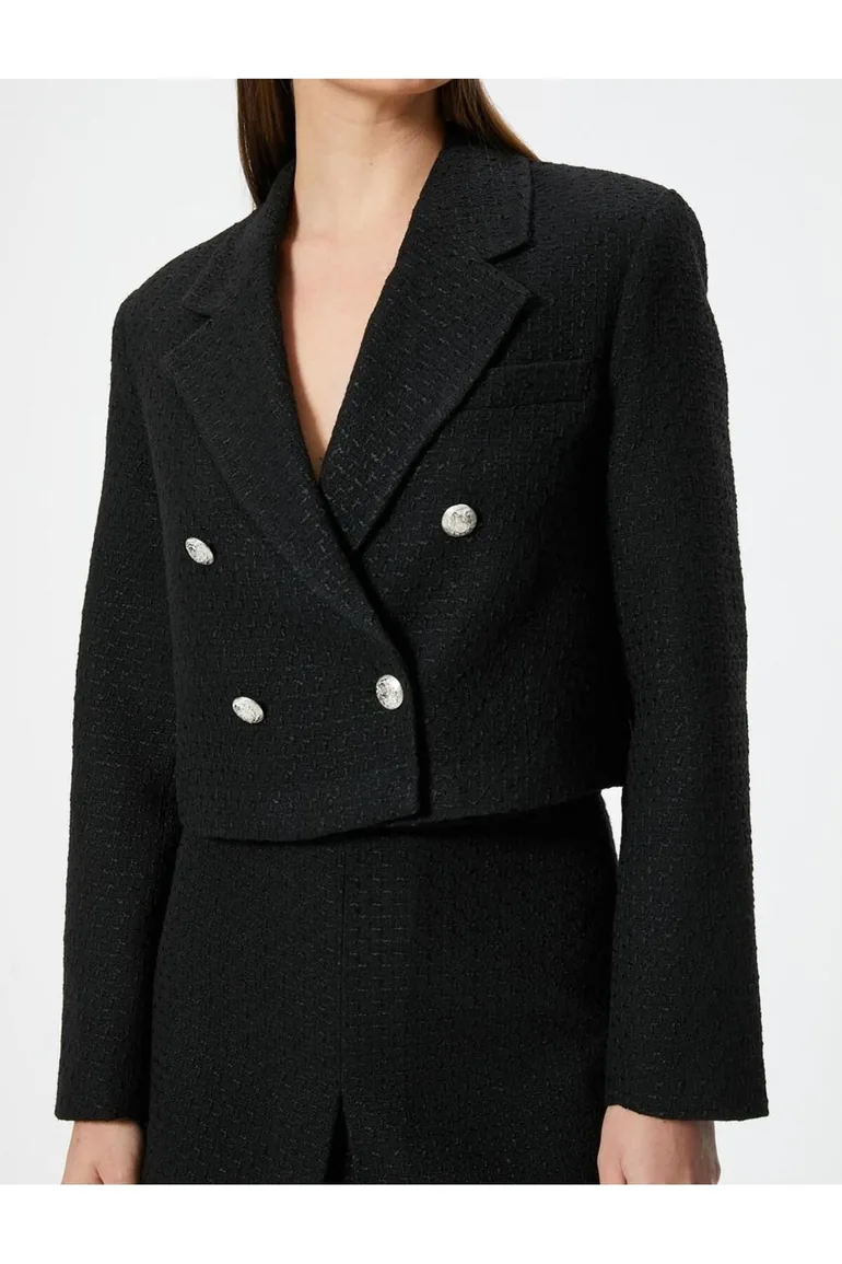 Short Tweed Blazer Double Breasted Reverse Collar Buttoned - 4