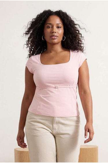 Pink Belt Detailed Square Neck Interlock Knitted Oversize Blouse