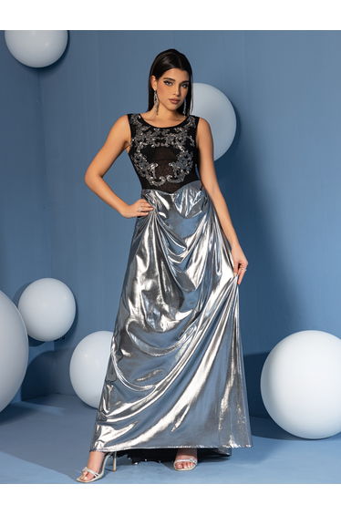 Modecrush Women's Embroidered Round Neckline Sleeveless Ball Gown with Metallic Hem
