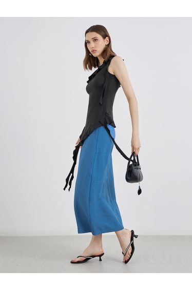 Blue Solid A-Line Midi Skirts