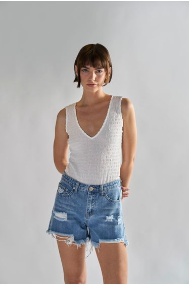 Glamorous White Textured V- Neck Bodysuit