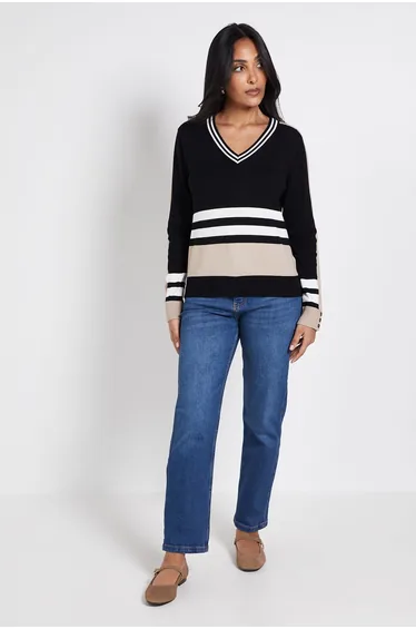 PETITE V NECK COLOUR BLOCK JUMPER