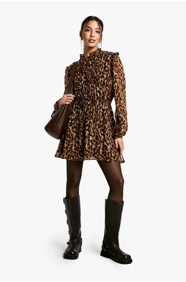 Leopard Tie Chiffon Smock Dress - brown
