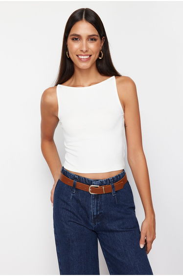 White Boat Neck Strap Crop Knitted Blouse