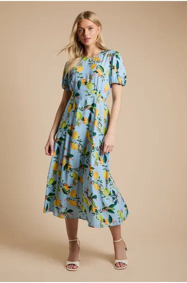 Lemon Empire Seam Puff Sleeve Midi Dress