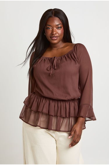 Plus Chiffon Blouson Top - chocolate