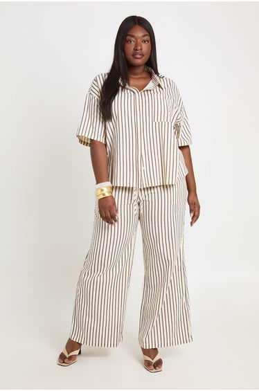 Plus Stripe Wide Leg Trouser - ecru