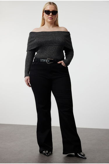 Black Lurex Corded Carmen Collar Knitwear Blouse