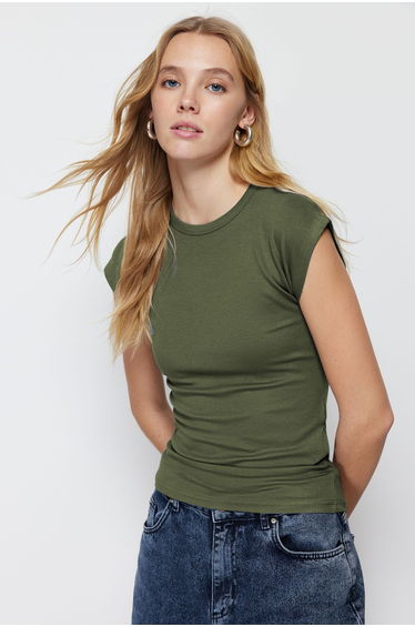 Khaki Premium Viscose/Soft Fabric Fitted/Fits the Body Moon Sleeve Flexible Knitted Blouse