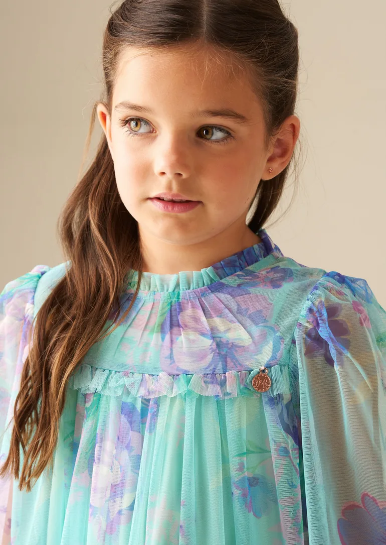 Beatrice Mint Mesh Frill Daisy Print Dress - 2