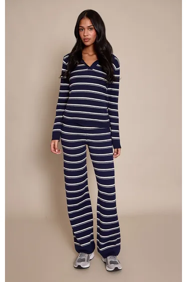 Tall Navy Striped Compact Knit Trousers