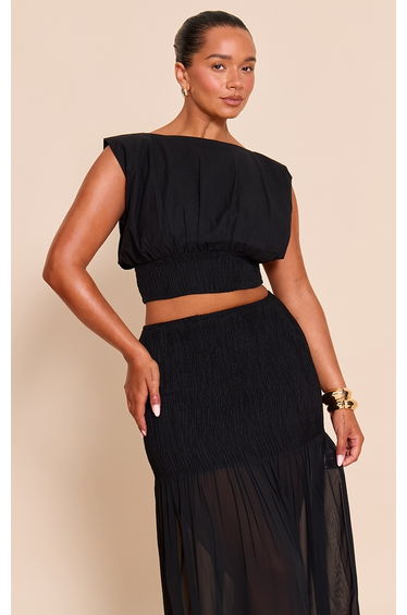 Shape black Boat Neck Shirred Cinched Waist Top