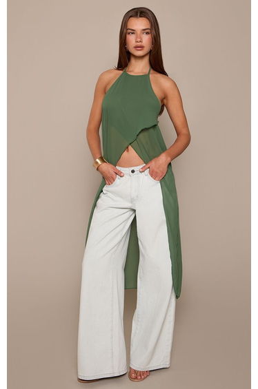 Green Chiffon Split Hem Flowy Long Top