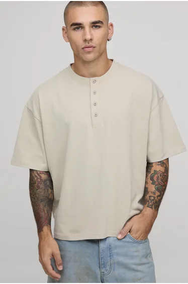 Oversized Boxy Henley T-Shirt - stone
