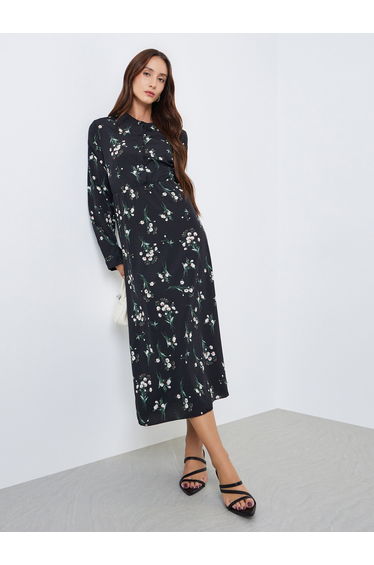 Women Floral Printed Button Front Midi Dress