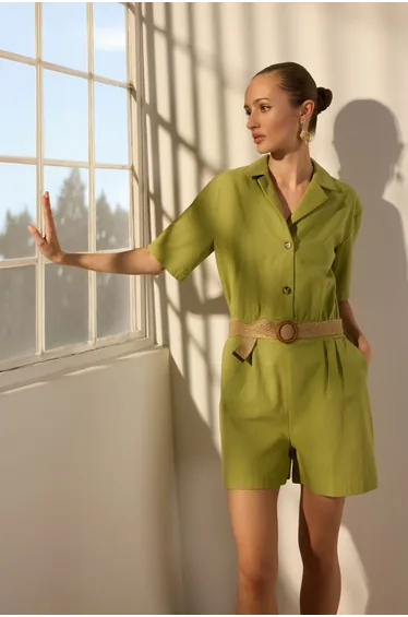 Khaki Belted Linen Blend Wide Leg Woven Overalls